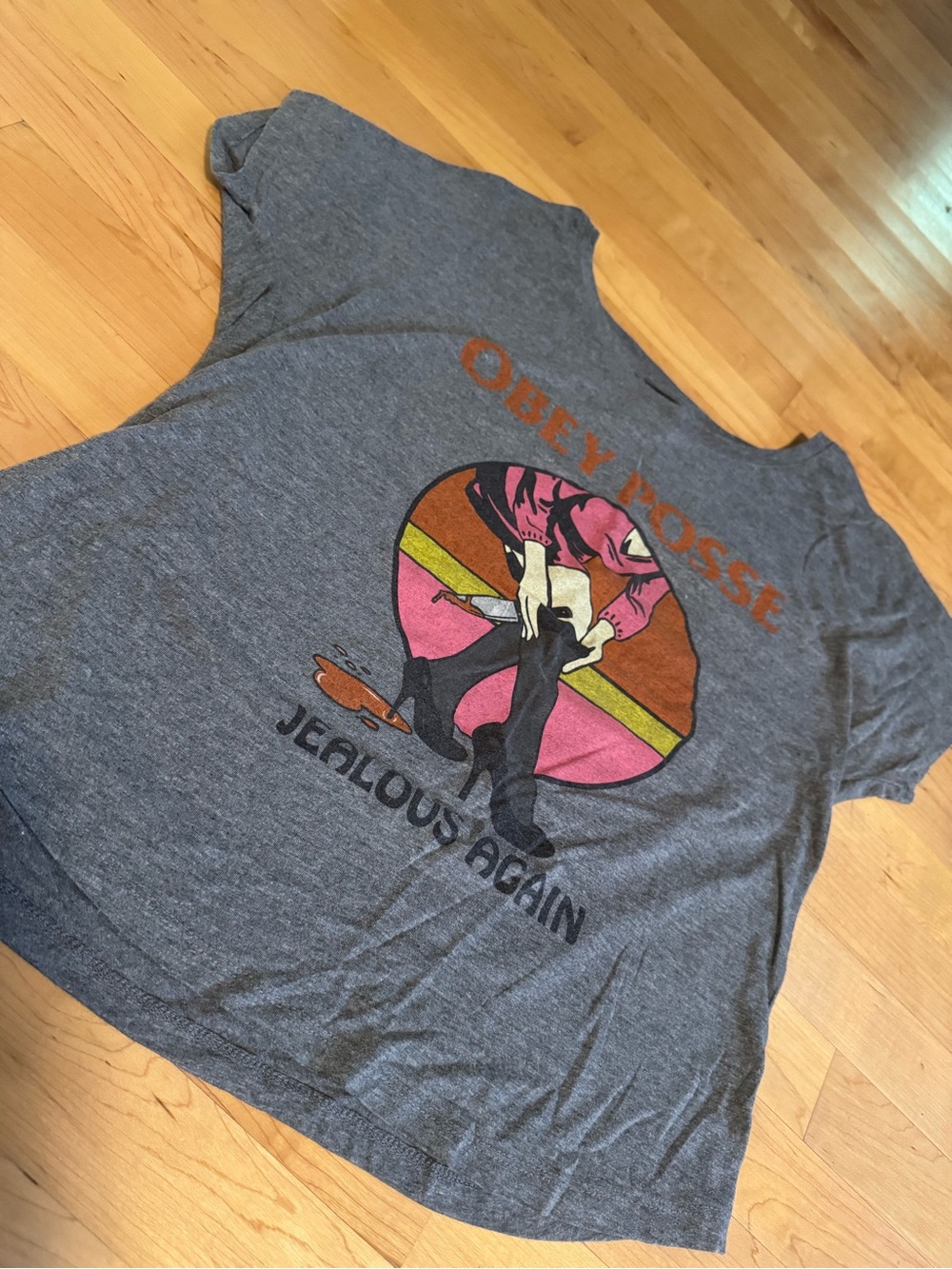 Obey Posse Grey women’s Graphic Tee with Pink & Orange Design